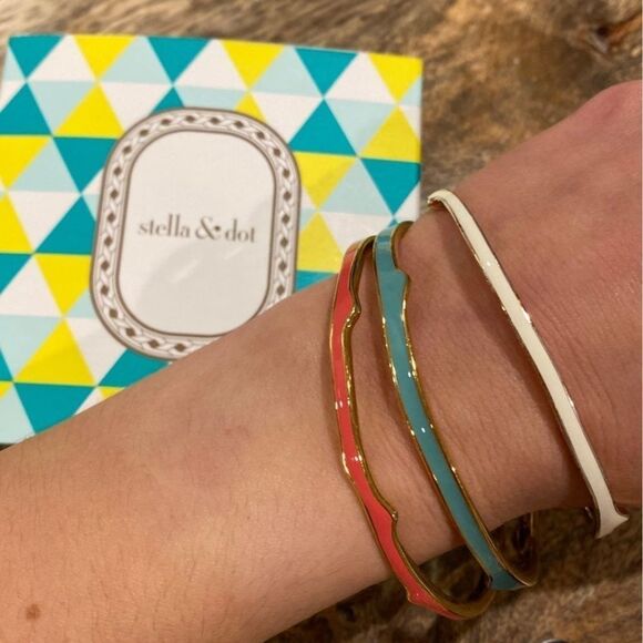 Stella & Dot Carrie Enamel Bangle Bracelet Set • Vintage Orange Teal Ivory - Picture 6 of 7